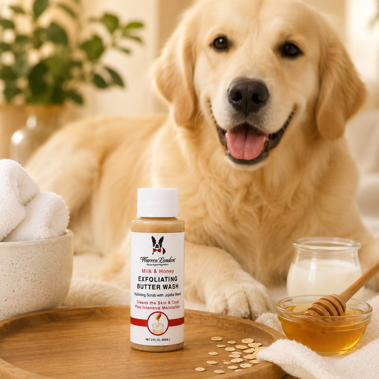 Southlake Paws Exfoliating Butter Wash sample bottle with a golden retriever, honey, and towels in a cozy setting.