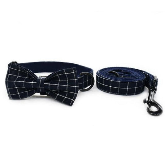 Classic Navy Check Bow Tie Dog Collar & Leash Set | Personalized Free - Southlake Paws