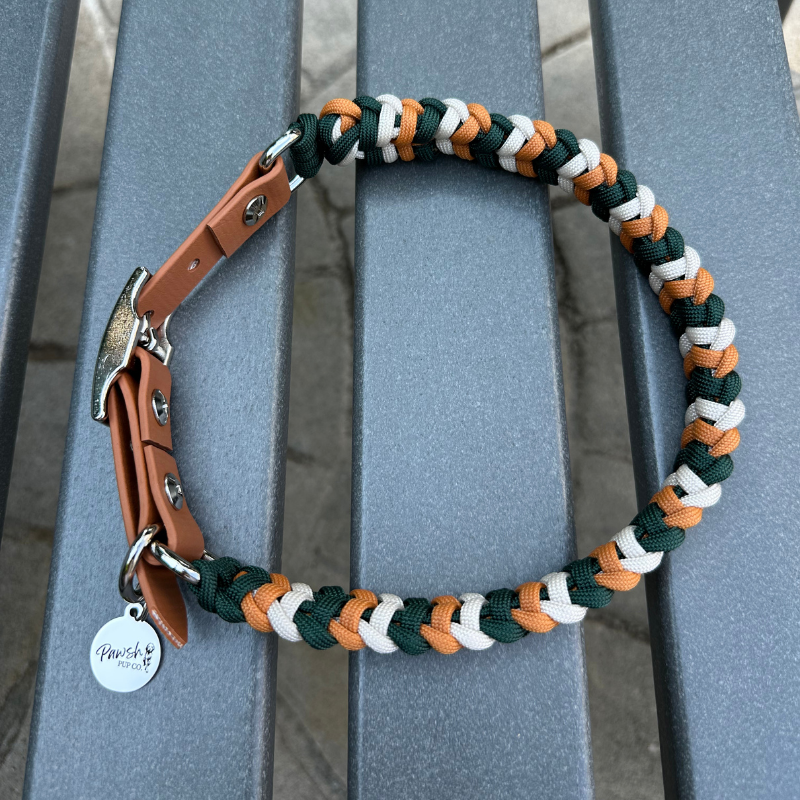 Coiled Charm Hand Braided Dog Collar in Hunter Green, Mustard, & Cream - Southlake Paws