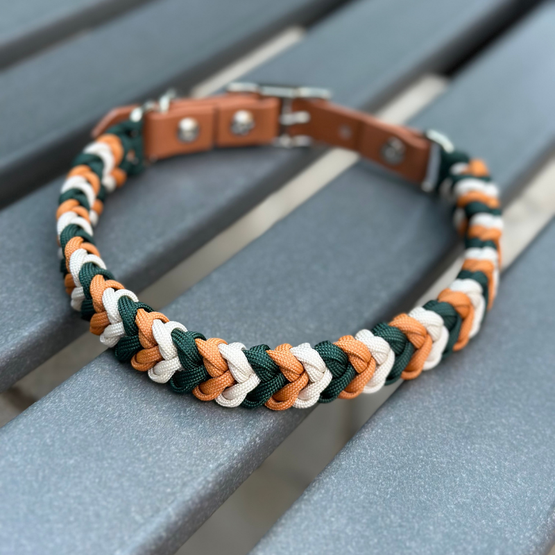 Coiled Charm Hand Braided Dog Collar in Hunter Green, Mustard, & Cream - Southlake Paws