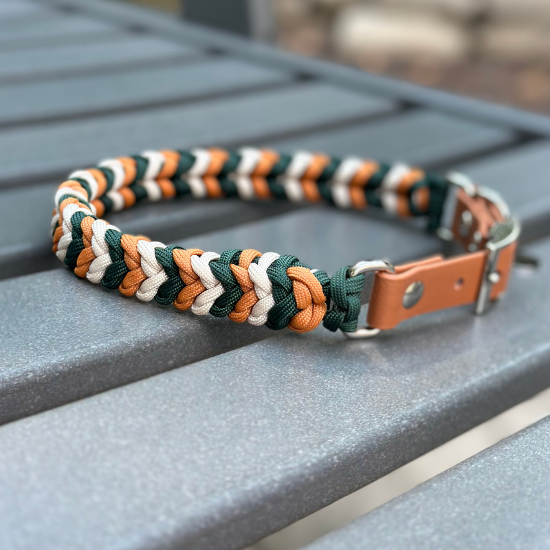 Coiled Charm Hand Braided Dog Collar in Hunter Green, Mustard, & Cream - Southlake Paws