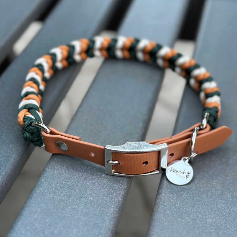 Coiled Charm Hand Braided Dog Collar in Hunter Green, Mustard, & Cream - Southlake Paws