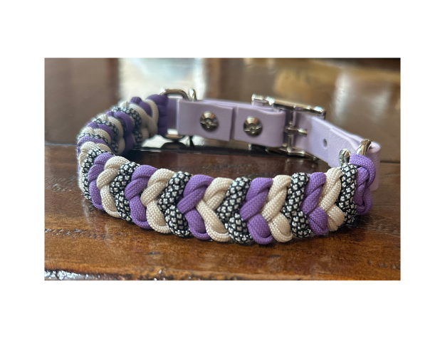 Coiled Charm Hand Braided Dog Collar in Lilac, Cream, & Silver Diamonds - Southlake Paws
