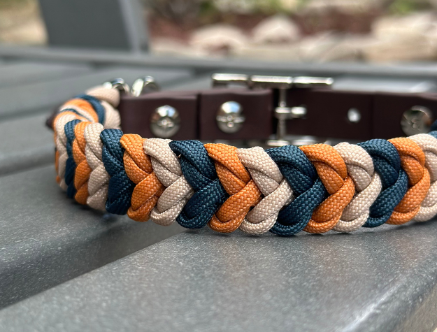 Coiled Charm Hand Braided Dog Collar in Mustard, Navy, & Light Tan - Southlake Paws