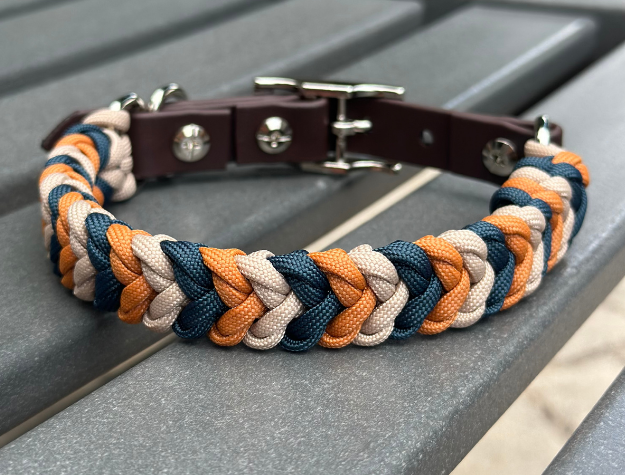 Coiled Charm Hand Braided Dog Collar in Mustard, Navy, & Light Tan - Southlake Paws