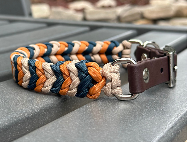 Coiled Charm Hand Braided Dog Collar in Mustard, Navy, & Light Tan - Southlake Paws