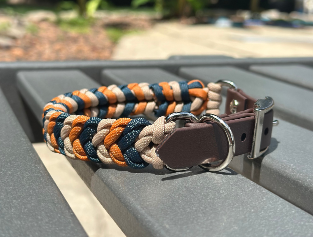 Coiled Charm Hand Braided Dog Collar in Mustard, Navy, & Light Tan - Southlake Paws