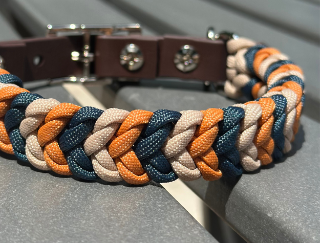 Coiled Charm Hand Braided Dog Collar in Mustard, Navy, & Light Tan - Southlake Paws