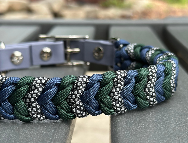 Coiled Charm Hand Braided Dog Collar in Navy, Emerald Green, & Silver Diamonds - Southlake Paws