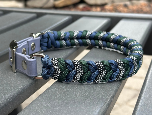 Coiled Charm Hand Braided Dog Collar in Navy, Emerald Green, & Silver Diamonds - Southlake Paws