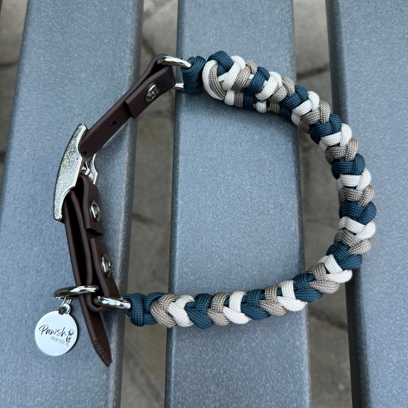 Coiled Charm Hand Braided Dog Collar in Navy, Tan, & Cream - Southlake Paws