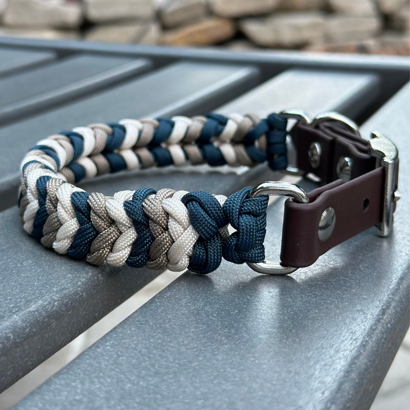 Coiled Charm Hand Braided Dog Collar in Navy, Tan, & Cream - Southlake Paws