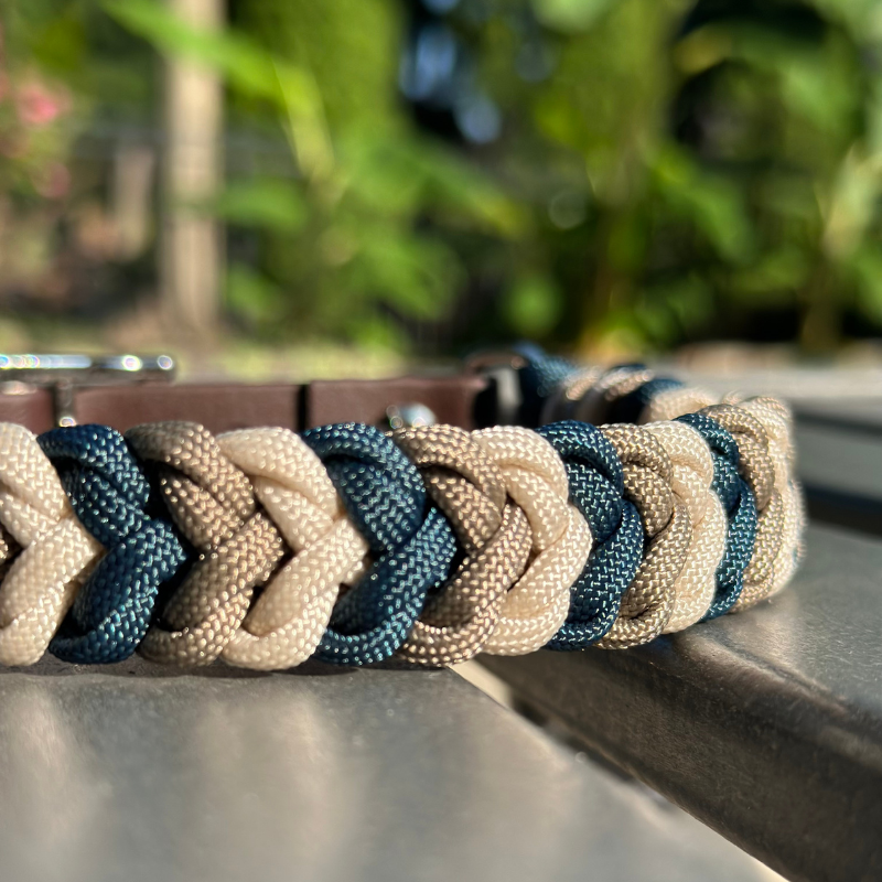 Coiled Charm Hand Braided Dog Collar in Navy, Tan, & Cream - Southlake Paws