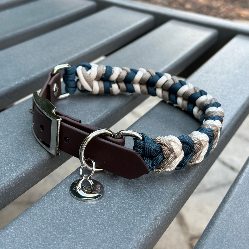 Coiled Charm Hand Braided Dog Collar in Navy, Tan, & Cream - Southlake Paws