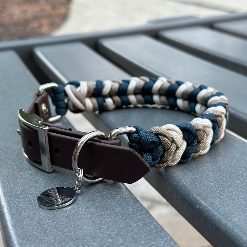 Coiled Charm Hand Braided Dog Collar in Navy, Tan, & Cream - Southlake Paws