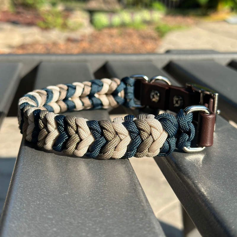Coiled Charm Hand Braided Dog Collar in Navy, Tan, & Cream - Southlake Paws