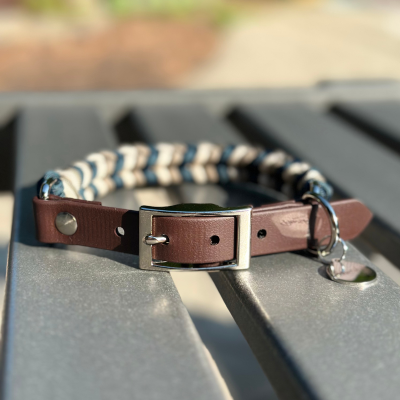 Coiled Charm Hand Braided Dog Collar in Navy, Tan, & Cream - Southlake Paws