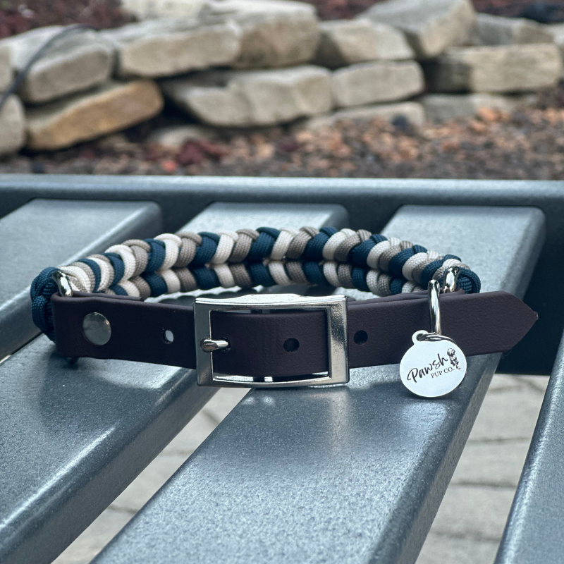 Coiled Charm Hand Braided Dog Collar in Navy, Tan, & Cream - Southlake Paws