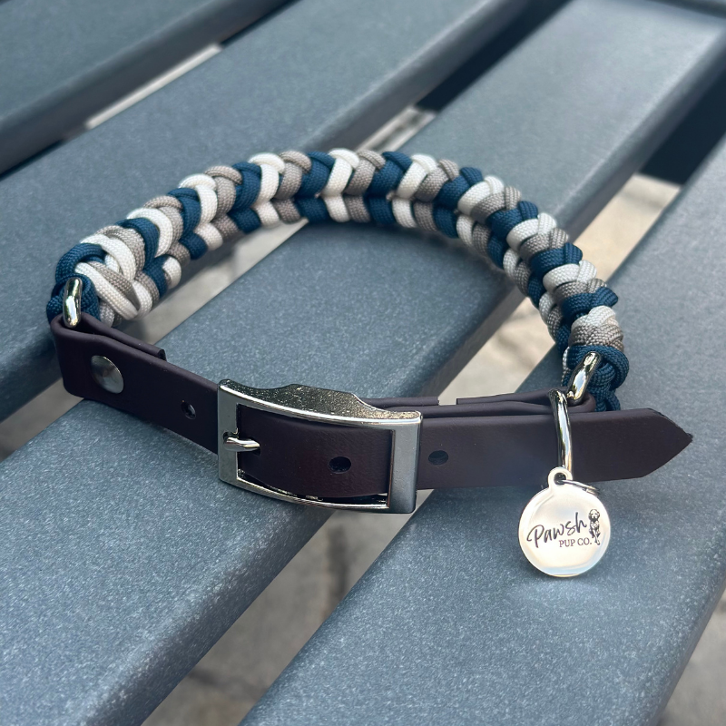 Coiled Charm Hand Braided Dog Collar in Navy, Tan, & Cream - Southlake Paws