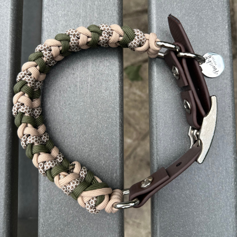 Coiled Charm Hand Braided Dog Collar in Olive, Light Tan, & Coyote Brown Diamonds - Southlake Paws