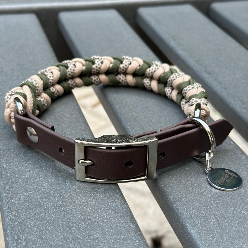 Coiled Charm Hand Braided Dog Collar in Olive, Light Tan, & Coyote Brown Diamonds - Southlake Paws
