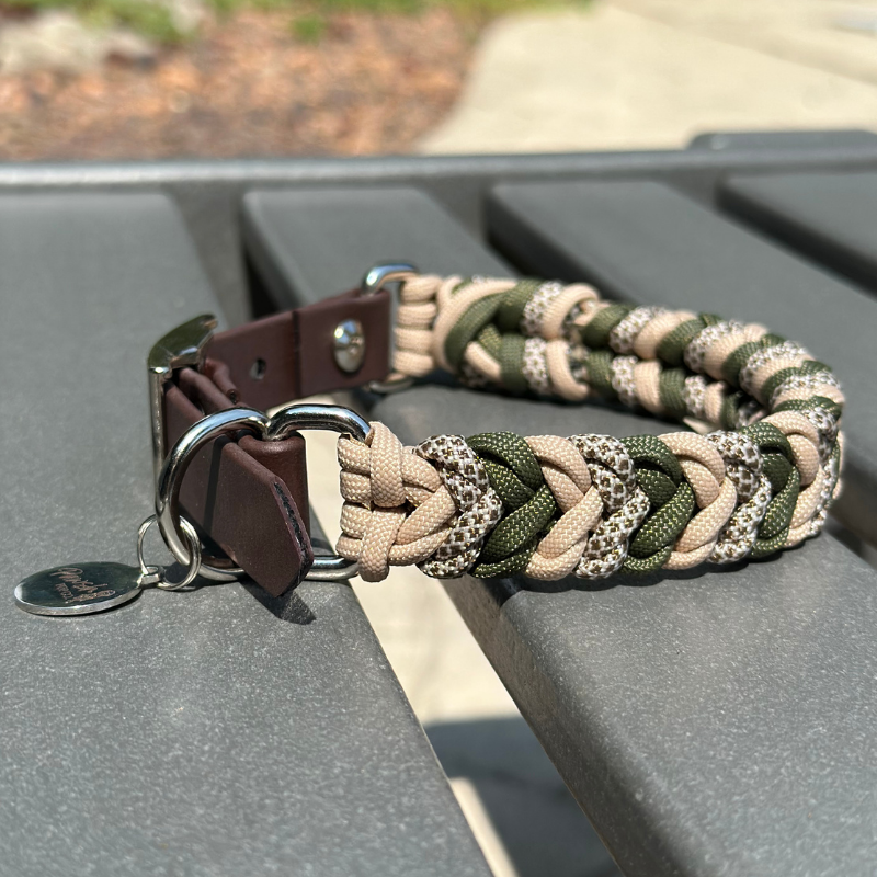 Coiled Charm Hand Braided Dog Collar in Olive, Light Tan, & Coyote Brown Diamonds - Southlake Paws