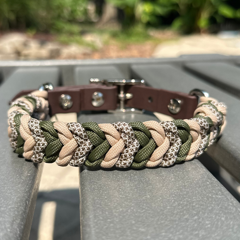 Coiled Charm Hand Braided Dog Collar in Olive, Light Tan, & Coyote Brown Diamonds - Southlake Paws
