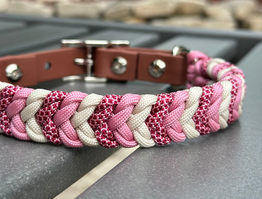 Coiled Charm Hand Braided Dog Collar in Pink, Red Diamonds, & Cream - Southlake Paws