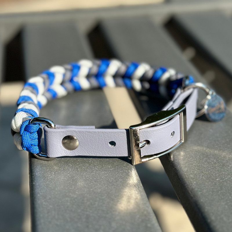Coiled Charm Hand Braided Dog Collar in Royal Blue, Graphite, & White - Southlake Paws