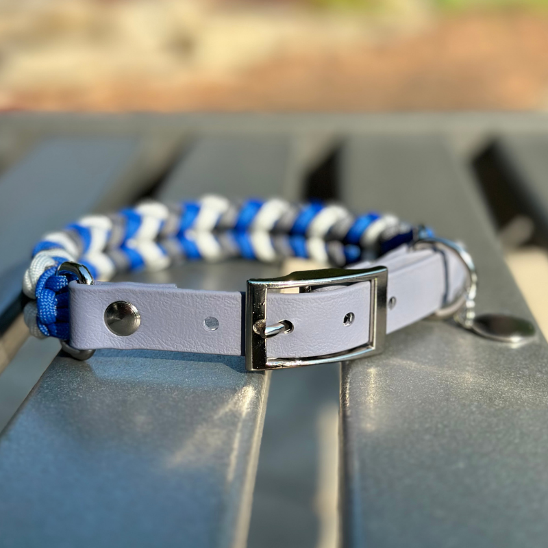 Coiled Charm Hand Braided Dog Collar in Royal Blue, Graphite, & White - Southlake Paws