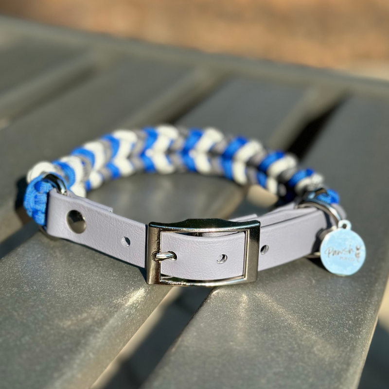 Coiled Charm Hand Braided Dog Collar in Royal Blue, Graphite, & White - Southlake Paws