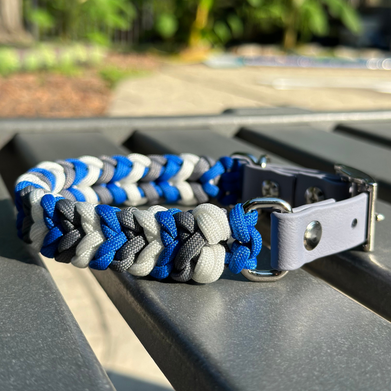 Coiled Charm Hand Braided Dog Collar in Royal Blue, Graphite, & White - Southlake Paws
