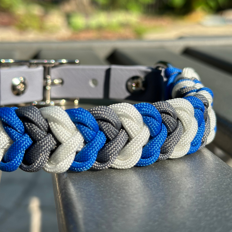 Coiled Charm Hand Braided Dog Collar in Royal Blue, Graphite, & White - Southlake Paws