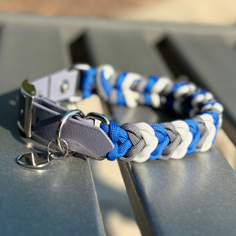Coiled Charm Hand Braided Dog Collar in Royal Blue, Graphite, & White - Southlake Paws