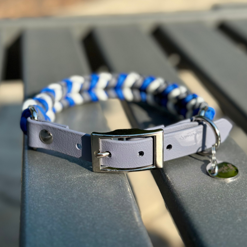Coiled Charm Hand Braided Dog Collar in Royal Blue, Graphite, & White - Southlake Paws