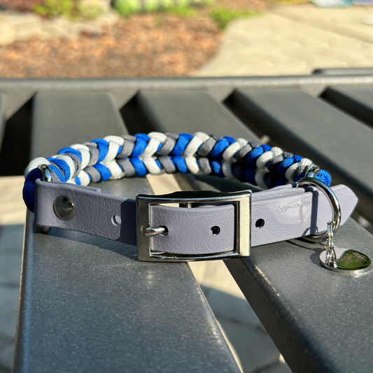 Coiled Charm Hand Braided Dog Collar in Royal Blue, Graphite, & White