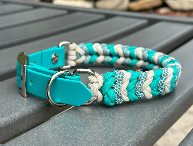 Coiled Charm Hand Braided Dog Collar in Teal, Cream, & Teal Diamonds - Southlake Paws