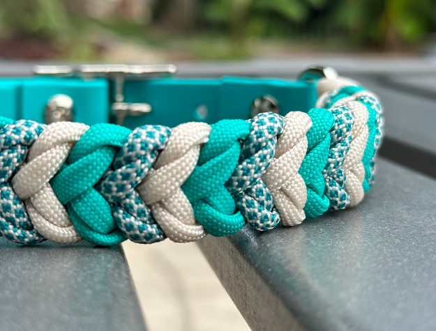Coiled Charm Hand Braided Dog Collar in Teal, Cream, & Teal Diamonds - Southlake Paws