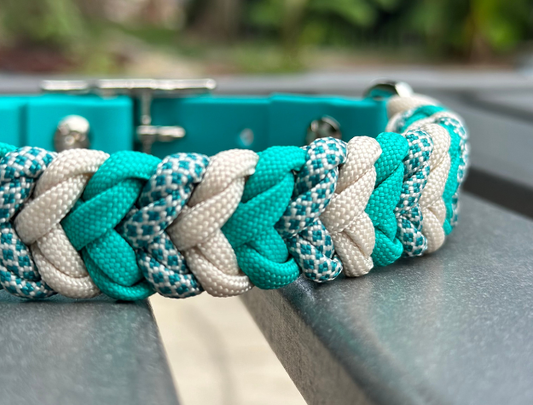 Coiled Charm Hand Braided Dog Collar in Teal, Cream, & Teal Diamonds - Southlake Paws
