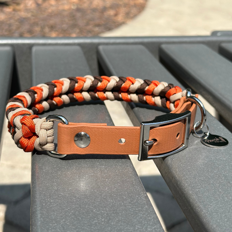 Coiled Charm Hand Braided Dog Collar in Burnt Orange, Walnut Brown, & Light Tan - Southlake Paws