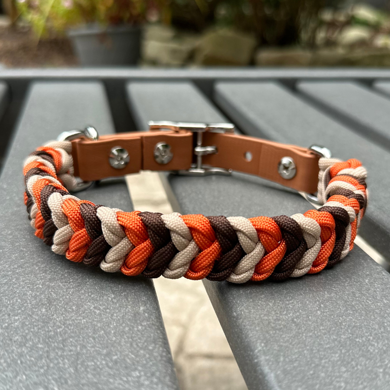 Coiled Charm Hand Braided Dog Collar in Burnt Orange, Walnut Brown, & Light Tan - Southlake Paws