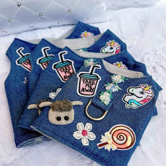 Hello Doggie Cool Pup Dog Blue Flowers Faux Fur Swarovski Crystals Crystal Harness