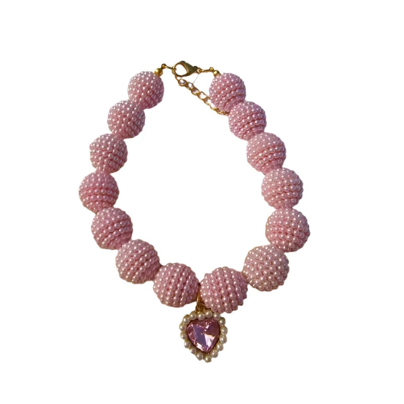 Crystal Heart Colorful Beaded Pearl Dog Necklace - Southlake Paws
