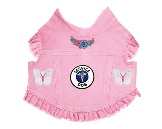 Pink pet dress with 'Service Dog' emblem and butterfly designs on a white background
