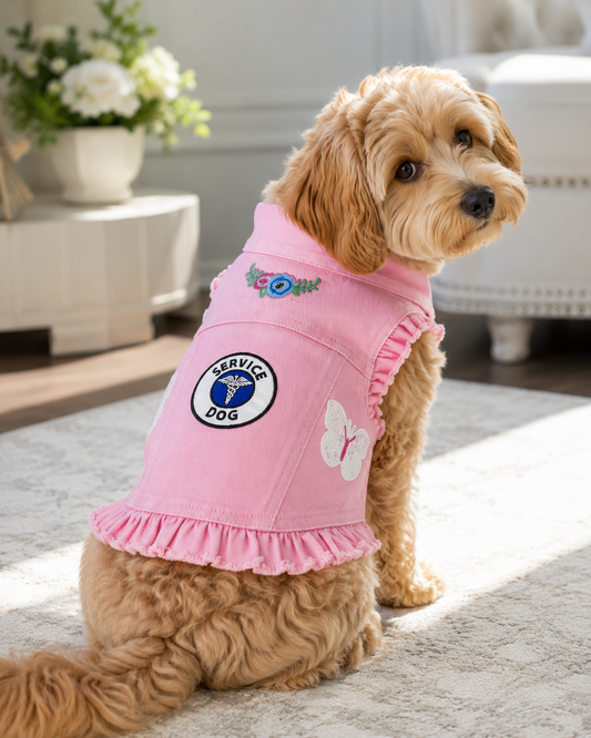 Small dog wearing a pink 'Service Dog' vest with decorative elements in a home setting.