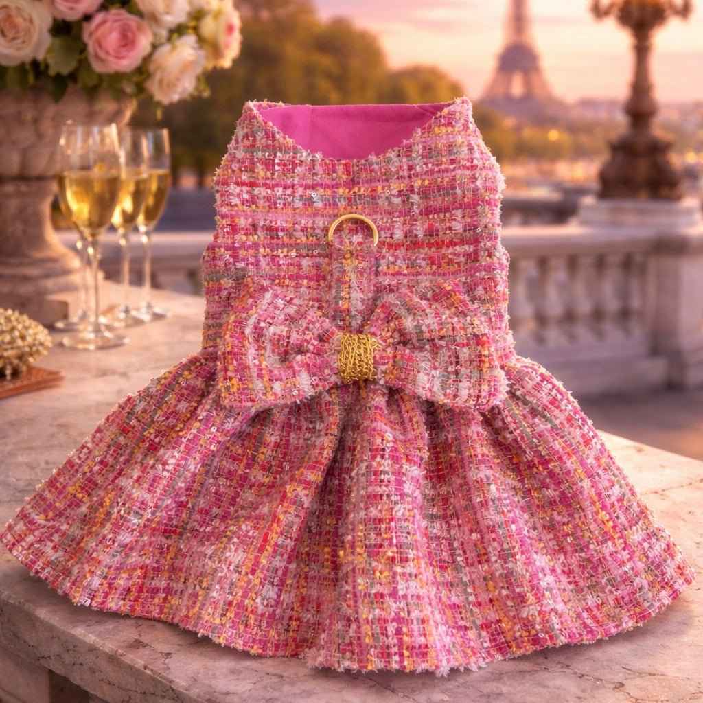 The Paris Pink Tweed Couture Dog Harness Dress