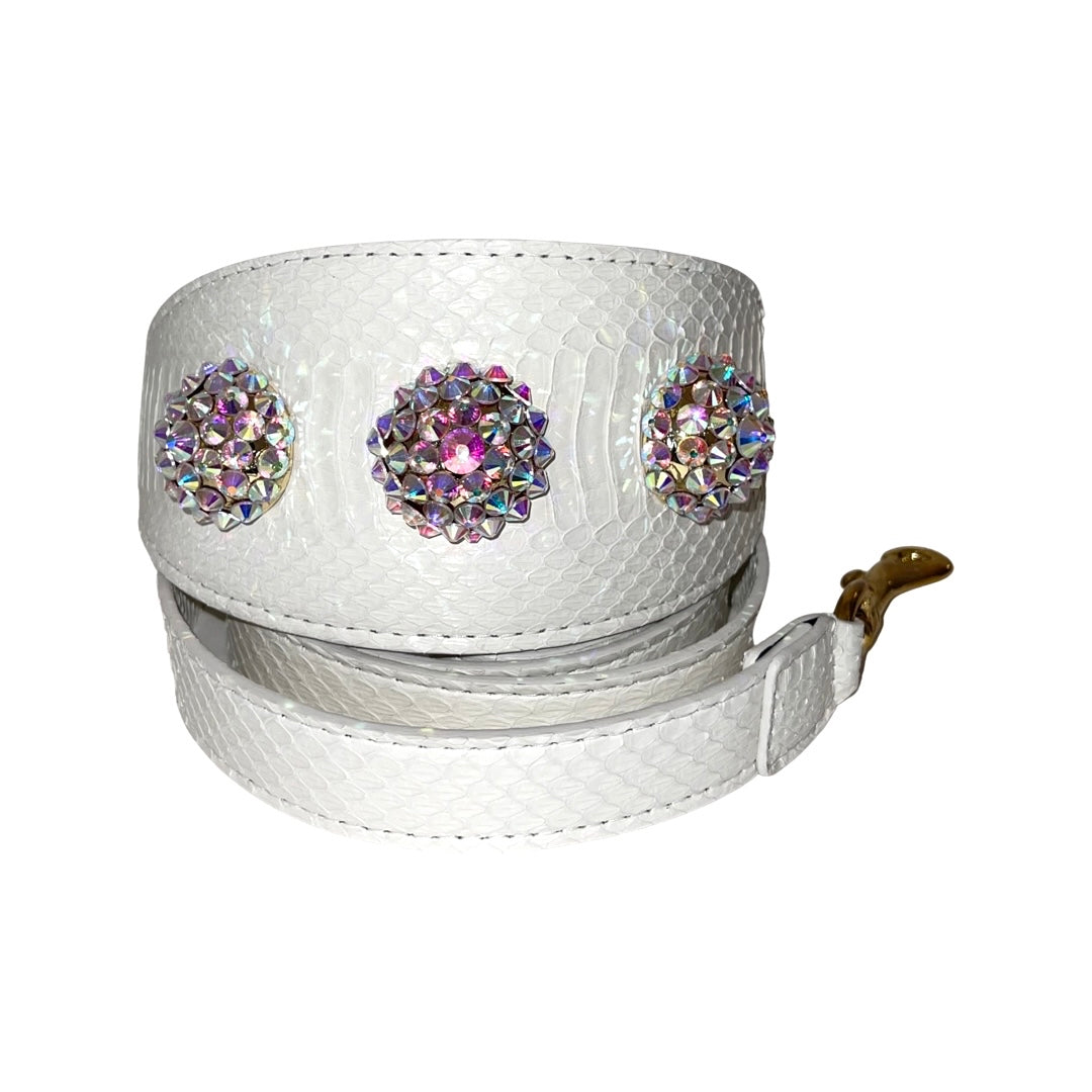 Stunning Matte White 3 Wide Style Collar & Leash Set, With Our Custom Swarovski Rivets