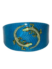 Dark Turquoise 3 Wide Style Snake Collar With Green Rhinestone Alligators