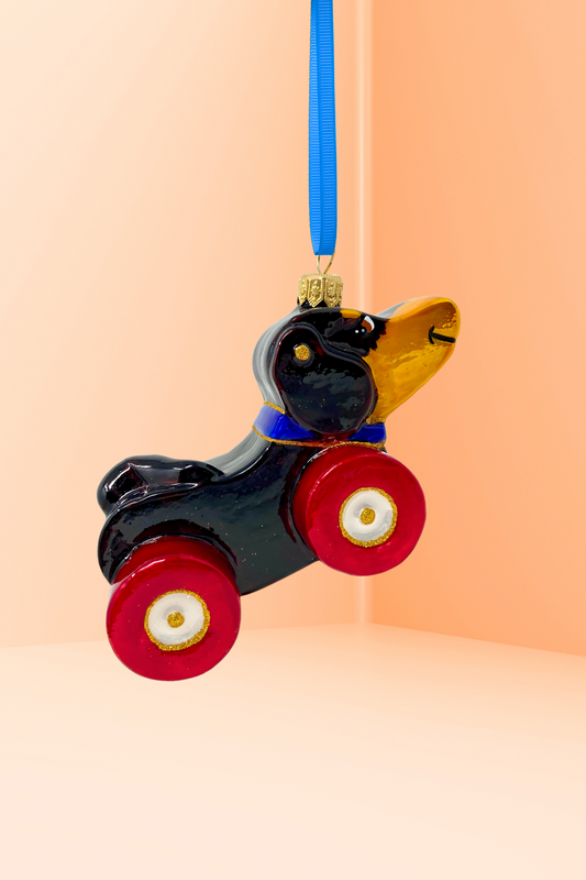 Dachshund Dog Pull Toy Glass Ornament 