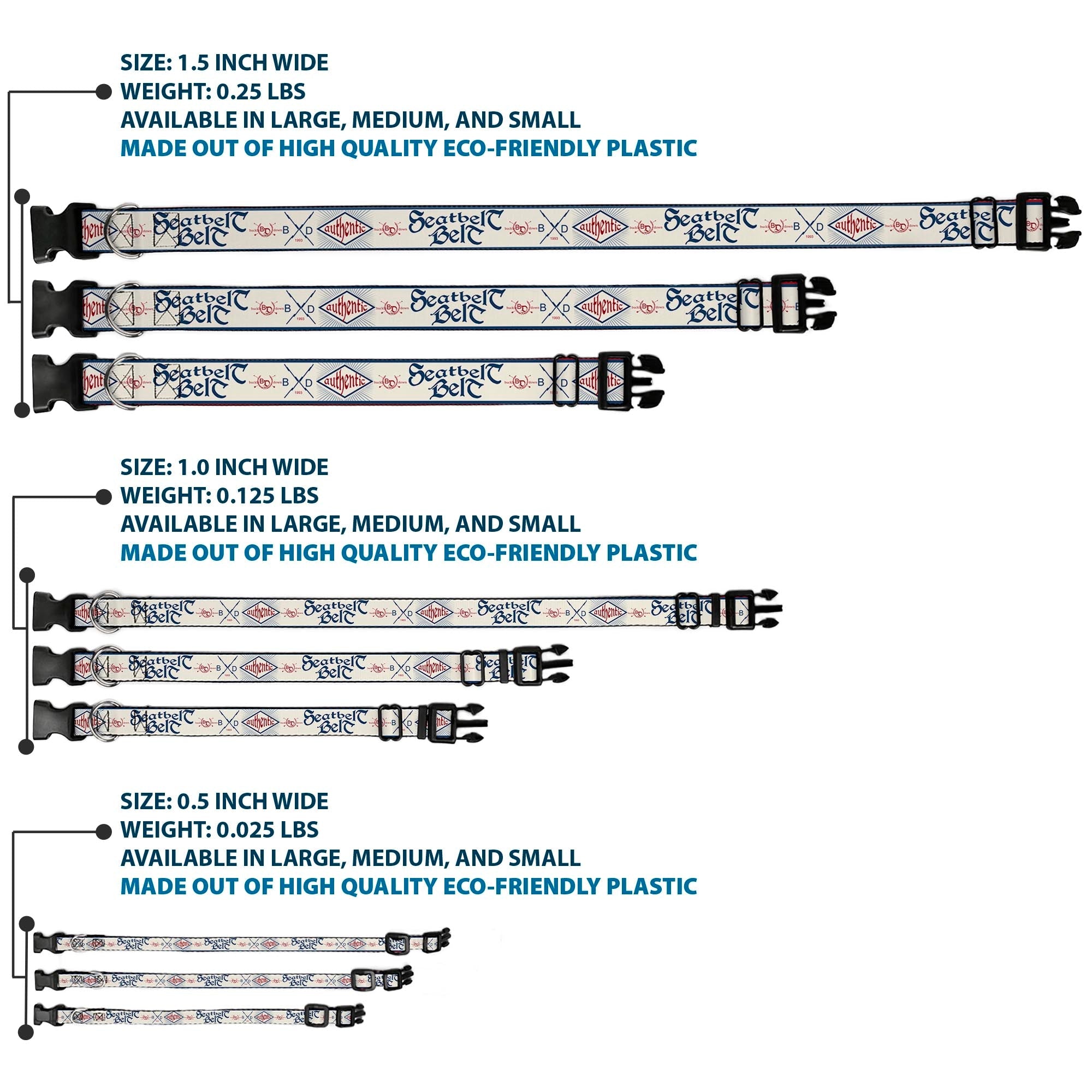Plastic Clip Collar - Buckle-Down AUTHENTIC SEATBELT BELT White/Blue/Red